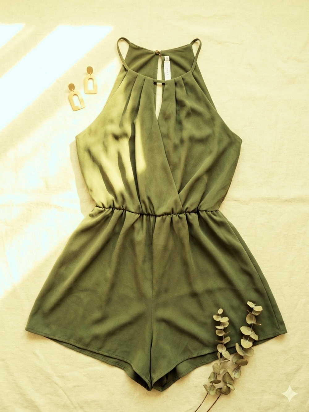 LUSH Olive Green Halter Romper Size S Mock Wrap Keyhole Pleated Jumpsuit - Picture 12 of 14